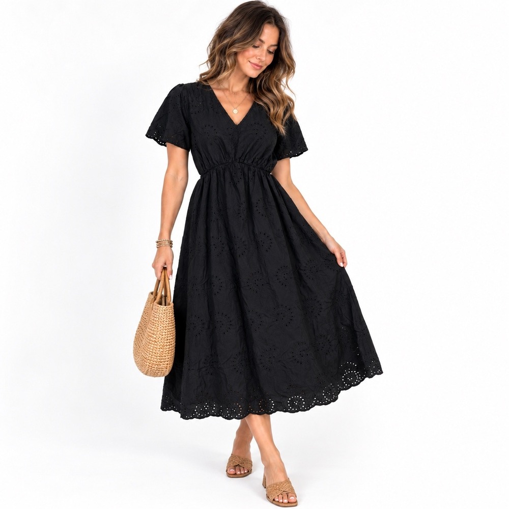 Valentina Naldi Eyelet Midi Dress Black Womens Medium V-Neck Short Sleeve Italy